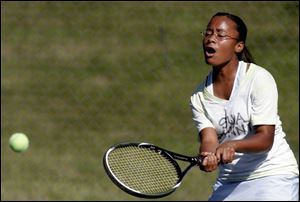 St. Ursula's Sarah Edwards, who teamed with fellow freshman Mattie Eccleston, prevented a Notre Dame finals sweep with a victory at No. 1 doubles yesterday at Jermain Park.