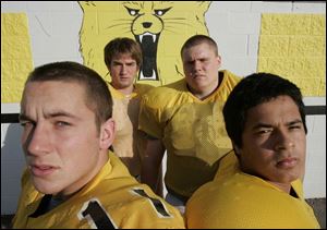 Key defensive players for Northview include, from left, defensive end Matt Meridieth, cornerback Sam Myers, nose guard Andy Mutchler and cornerback Matt Page. The Wildcats (8-2) play at Findlay (9-1) Saturday in the Division I playoffs.
