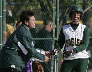 There s plenty to smile about this season for Clay coach Brenda Radabaugh and Dana Romstadt. Romstadt is hitting .379 and leads the team with 17 RBIs. The Eagles are 12-4.
