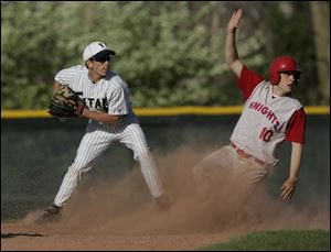 A pop-up slide by St. Francis  Spike Holliday gives him a chance to see if St. John s second baseman
Ryan Mouch can turn a double play. The Titan wins leaves four CL teams with one loss.
