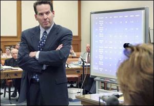 Defense attorney John Thebes cross examines Elizabeth Benzinger, Labratory Director of the Ohio Bureau of Criminal Identification & Investigation.