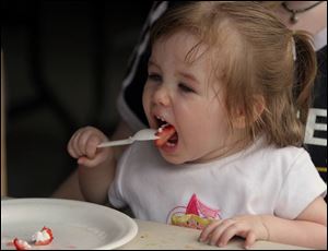 Kaitlyn Mastin digs in at the 2005 Holland Strawberry Festival. This year s event is June 14-18 at Community Homecoming Park, 7807 Angola Rd., in Springfield Township.
