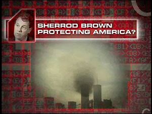 A frame from Sen. Mike DeWine's TV ad, shows what was supposed to be the World Trade Center's twin towers burning on Sept. 11, 2001. 