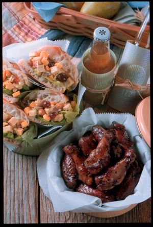 Curried Chicken Salad Sandwiches, above, Chinese Honey Garlic Chicken Wings, right.