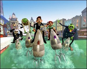 Roddy (voiced by Hugh Jackman), center, needs help from
Rita (voiced by Kate Winslet), center right to escape from
pursuers in Flushed Away.