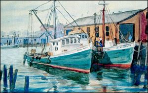 A watercolor painting of two boats in the harbor is among the works of Eileen Wilkowski on
display at Sanger branch library through November.