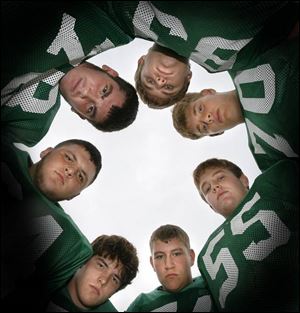 Oak Harbor offensive lineman are, clockwise from bottom
left, Jeff Maloney, Jeff Chambers, Ryan Wahl, Tom
Laderach, Drew Young, Brent Scherf and Jamie Blair.
The Rockets (11-0) have outscored opponents 387-65.
