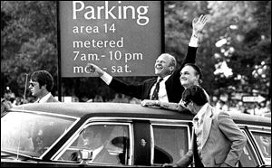 President Gerald Ford is accompanied by Ohio's U.S. Rep. Del Latta during a 1976 presidential campaign stop at BGSU. 