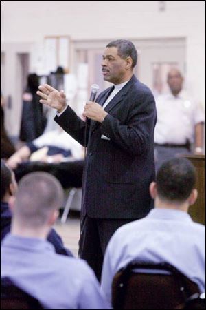 Marv West, of the Commission for African-American Males, speaks to inmates at the Toledo Correctional Institution.
