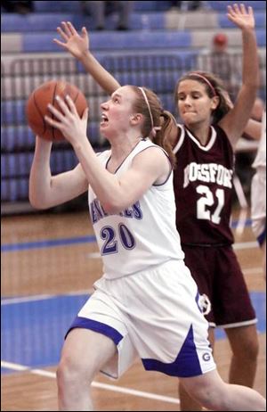 AW s Allison Papenfuss, who scored 14 points, drives past Rossford s Kelsey Wiegand.
