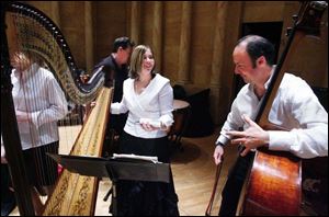 Brigid Parent, 16, of Bowsher High School, used her harp to help tune the bass of the symphony's Derek Weller.