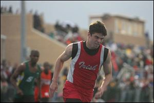 Central Catholic s Dane Sanzenbacher runs in the 400- meter dash. Sanzenbacher won in a meet record 48.66. He also ran on three winning relay teams.