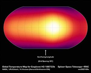 The brighter the hue, the hotter the temperature in this map of infrared temperature measurements on the extra solar planet, HD 189733b. The measurements taken by NASA's Spitzer Space Telescope show though the planet's hot side is sizzling, its cool side isn't really cool. Heat is carried all over the giant gas globe by winds faster than the speed of sound. Megeath
