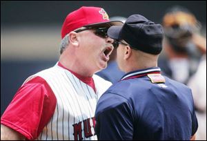 The Mud Hens interim manager Mike Rojas gets in plate umpire Scott Barry's face and gets thrown out in the ninth inning.