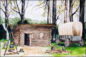 An artist's rendering shows the type of wagon that carried settlers and provisions in the mid 19th century. A wagon will be made by a Nebraska craftsman for display in Sauder Village.