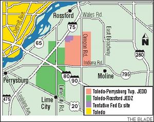 The possible boundaries of the Toledo-Perrysburg Township Joint Economic Development District abut the
Toledo-Rossford Joint Economic Development Zone. Both areas involve sharing income tax with Toledo in exchange for Toledo water and sewer services. The Toledo-Perrysburg
Township district will begin its efforts with the FedEx Ground site, if FedEx selects that location, and will exclude any residential or already developed parcels.