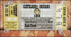 A ticket to the 1948 World Series involving the Cleveland Indians, in the collection owned by Tom Fuller.