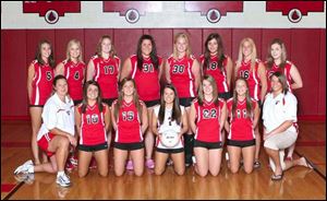Front Row L to R:  Head Coach Tracy Donnelly, Nichole Plasencio, Brianne Gasser, Holly Wieczorek, Lindsey Ueberroth, Cierra Dempsey, and Asst. Coach Brittney Barrera. Back Row L to R:  Lauren Goetz, Alex Blazevich, Jaime Filzer, Katie Gullett, Elizabeth Robb, Lindsey Long, Jessica Turner-Smith, and Delaney Mahoney.