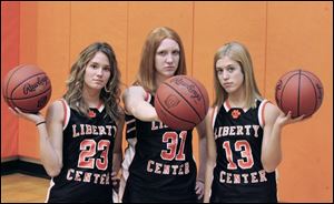 Liberty Center has plenty of depth and hopes to contend for the Northwest Ohio Athletic League title with, from left, Katie Lillevik, Kaitlin Rohrs and Kelsey Bare.