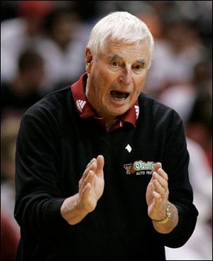 Texas Tech basketball coach Bob Knight shouts at an official following a foul call against his team during a NCAA basketball game against Texas A&M in Lubbock, Texas, on Jan. 16, 2008.