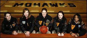 LEFT: The play is the thing at Stryker, where, from left, Haley
Meyers, Kasey Hageman, Molly Boetz and Megan Boetz have
starring roles. ABOVE: St. Wendelin, with, from left, Cookie
Geroski, Lindsay Schiefer, Jordan Geroski, Dani Papenfus and
Francena Tate, has been winning by wide margins.
