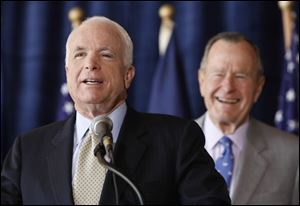(ASSOCIATED PRESS)<br>
Former President George H.W. Bush, right, laughs as Republican presidential hopeful, Sen. John McCain, R-Ariz., speaks at a news conference in Houston on Monday.<br>
<img src=http://www.toledoblade.com/graphics/icons/video.gif> <font color=red><b> VIEW:</b></font> <a href=