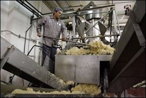 Omar Gabriel guides sauerkraut through the process at Fremont Co., supplier to area Subway restaurants.
