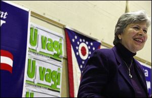 Frances Strickland, wife of Gov. Ted Strickland, speaks at Democratic state Rep. Peter Ujvagi's annual chicken paprikas dinner at St. Stephen's Catholic Church in East Toledo.
