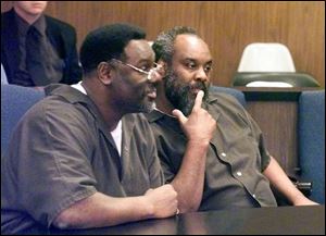 Nathaniel Cook, left, and his brother Anthony Cook appear in Lucas County Common Pleas Court in 2000. They were convicted eight years ago this week.