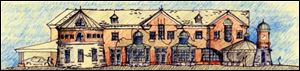 The architectural review board approved the design of this two-story brick building, seen here in the architect's rendering.