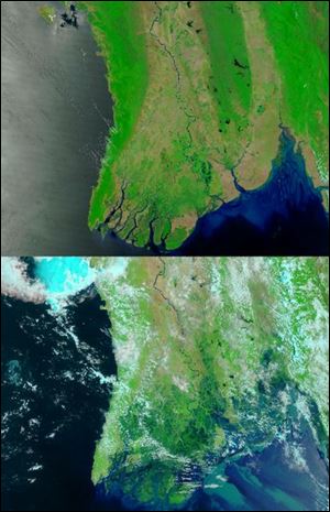 This pair of images from the Moderate Resolution Imaging Spectroradiometer (MODIS) on NASAs Terra satellite provided on Monday use a combination of visible and infrared light to make floodwaters obvious. Water is blue or nearly black, vegetation is bright green, bare ground is tan, and clouds are white or light blue. On April 15 (top), rivers and lakes are sharply defined against a backdrop of vegetation and fallow agricultural land. The Irrawaddy River flows south through the left-hand side of the image, splitting into numerous distributaries known as the Mouths of the Irrawaddy. The wetlands near the shore are a deep blue green. Cyclone Nargis came ashore across the Mouths of the Irrawaddy and followed the coastline northeast. The entire coastal plain is flooded in the May 5 image (bottom). An estimated 1 million people in Myanmar are believed to be homeless after the devastating cyclone, officials said. 