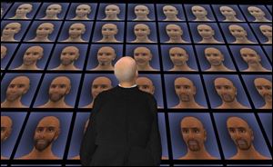 Douglas Gayeton considers faces for his avatar, Molotov Alva.
