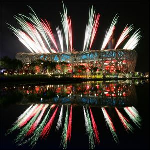 Fireworks light up the National Stadium at a rehearsal for Friday s upcoming opening ceremonies of the Beijing Olympics.
