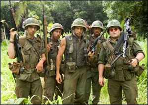 From left: Jay Baruchel,
Brandon T. Jackson, Ben Stiller,
Robert Downey, Jr., and Jack Black
star in the action-comedy movie,
Tropic Thunder.
<br>
<img src=http://www.toledoblade.com/graphics/icons/video.gif> <b><font color=red>VIDEO</b></font color=red>: <a href=