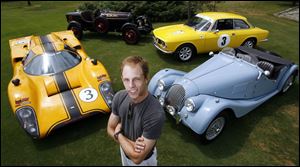 Casey Putsch, a local race-car driver and history enthusiast, has organized a car show where
exotic vehicles will be rolled out in Tiffi n. He is with, clockwise from left, a 1965 McKee Lola T70 Can-Am, a 1929 Auburn Indy Car, a 1973 Alfa Romeo GTV, and a 1961 Morgan 4/4.
