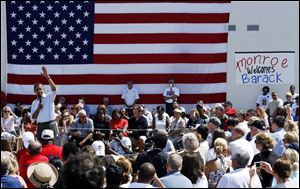 Sen. Barack Obama of Illinois speaks to about 300 at the event sponsored by Plumbers and Pipefitters Local 671 in Monroe, a city that's been hurt by regional economic troubles.