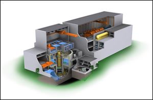 This conceptual cutaway drawing shows the new breed of boiling-water reactor that DTE is considering. The nuclear core is on the left and the generators are on the right. 
