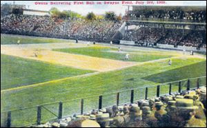 A postcard commemorates the first pitch at Swayne Field in July, 1909.