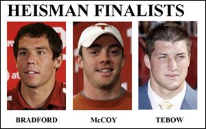 University of Florida s Tim Tebow, with 28 passing touchdowns and 12 more by rushing, can tie the only other two-time winner, Archie Griffin of Ohio State. Texas  Colt McCoy, called  Sinny  by teammates as a freshman, has grown into Heisman stature, gaining 30  pounds. Sam Bradford of Oklahoma directed the highest scoring team in major college football and led nation with 48 TD  passes.