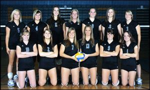 Members of the Ida High School Bluestreaks volleyball team are, from left, front row, Carley Osgood, Tonya Berta, Ashley Begeman, Kari Honomichl, Shelby McCain, and Megan Helmer, and back row, Kaitlyn Hopper-Fox, Molly Daniels, Suzanne Taylor, coach Bree Russow, Erika Lehr, Nicole Farrell, and Rachel Swanson.