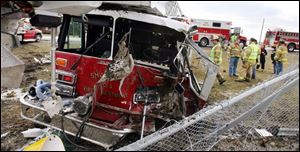 The fire truck was heavily damaged and was towed from the scene, as was the pickup. The fire truck was from the Lima area and was being driven home after being serviced locally.