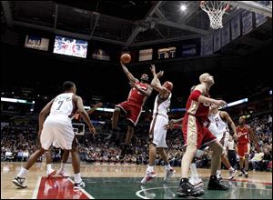 LeBron James reacts after drilling a 3-pointer in the third quarter. He scored 55.