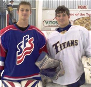 Jeffrey (left) and Christian (right) Davis, on the ice immediately after the very exciting overtime 1-1 tie recently between the two rival schools. Handout photo.