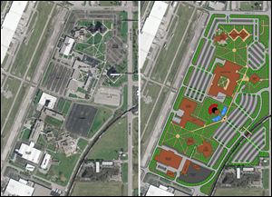 BEFORE (Left): This is how Owens Community College s Perrysburg Township campus looked. Penta Career Center s former land lies below Second Street, the horizontal road bisecting the photo.
AFTER (Right): Second Street will be gone, along with Penta s Main
Hall. Parking will be toward the campus  edges . Green space
and room to congregate will be emphasized in the center.