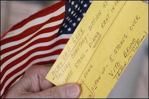 Mary Worden keeps a yellow note card that contains detailed directions to Vito Vincent Bruno s grave site in Toledo s Calvary Cemetery. Mrs. Worden has been faithful to her promise to remember Mr. Bruno on Memorial Day, but this year, she sought help.