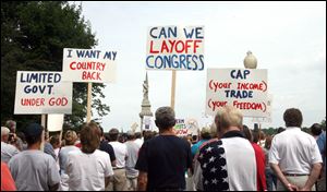 Protesters express their concerns about taxes and federal spending during a tea party rally at Hood Park in Perrysburg. About 1,000 people attended the 70-minute event. 