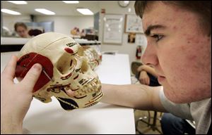 Trey Schell, 14, of Fremont examines a skull during Camp Scrubs, where youngsters learn how to investi-gate crime scenes and work in laboratories to gather the evidence needed to solve crimes. 