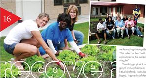 Safe Haven I - (Pictured L-R) Lourdes student Jenna Bosma, Safe Haven resident Margo Houston and Lourdes Professor Joy Lauerer tend the garden.