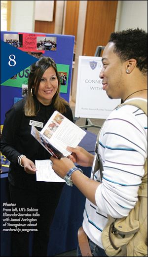 From left, UT s James Jackson and Sabina Elizondo-Serratos talk with Jamal Arrington of Youngstown about mentorship programs.