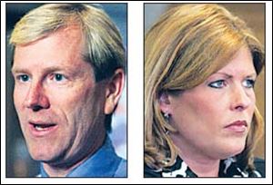 Current party chairman Jon Stainbrook, left, maintains that Joanne Wack should have borne the full cost of her legal defense. Former party executive director Wack says she believed the legal bills could be paid out of the restricted account.